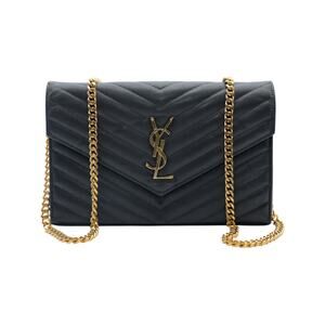 Yves Saint Laurent Leather Envelope Crossbody Bag in Black with Gold Chain
